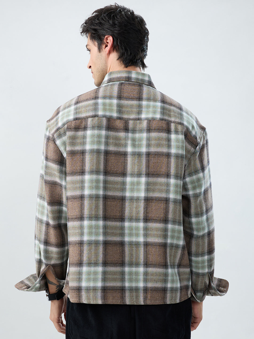 Brown & Olive Retro Contrast Checks Boxy Fit Crop Shirt