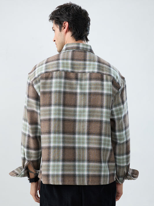 Brown & Olive Retro Contrast Checks Boxy Fit Crop Shirt