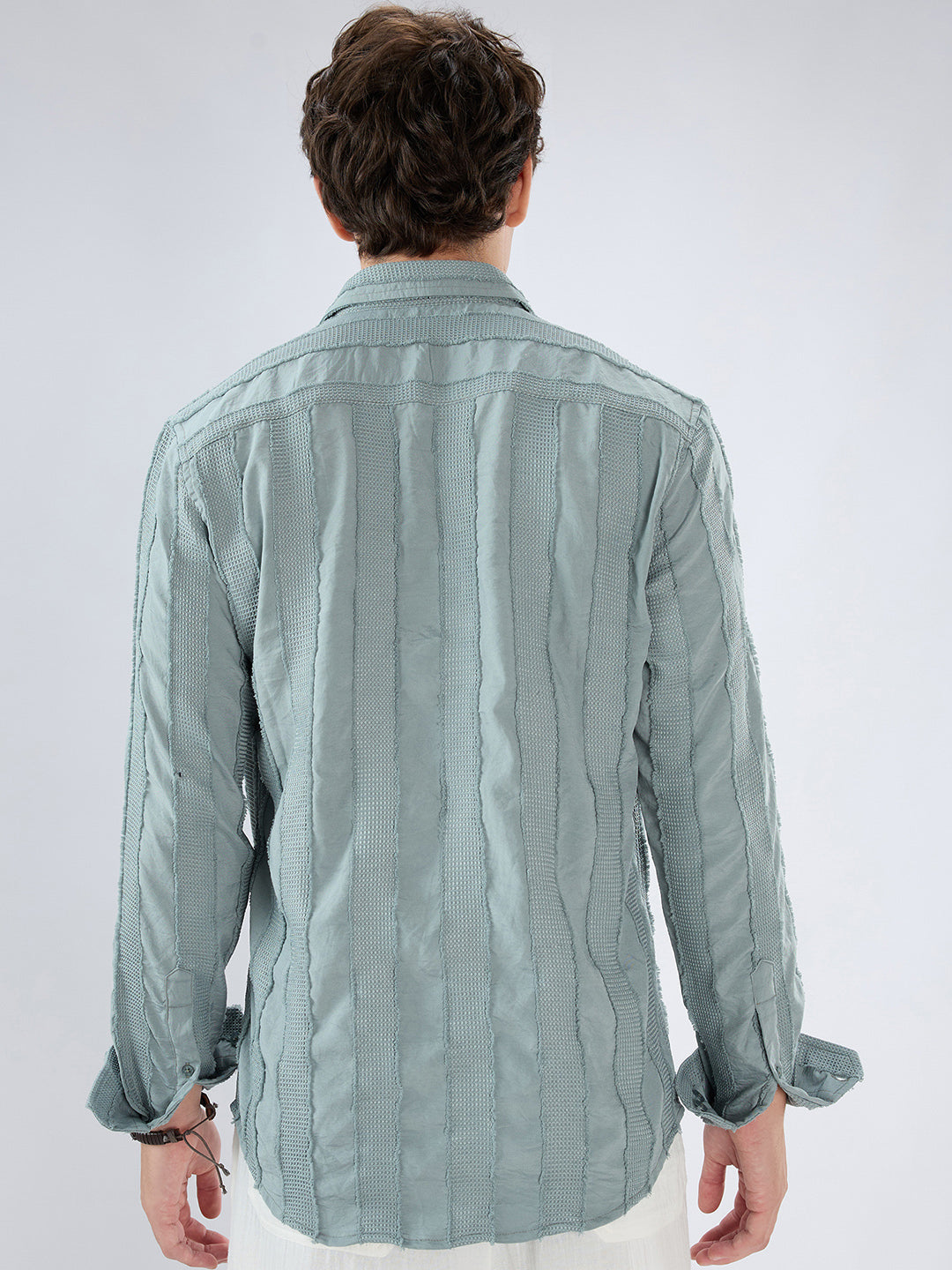 Sage Green Frayed Panelled Waffle Textured Shirt