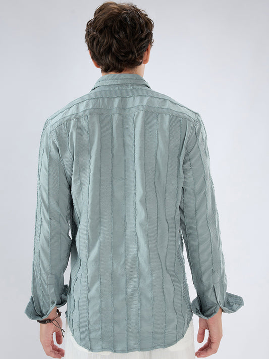 Sage Green Frayed Panelled Waffle Textured Shirt