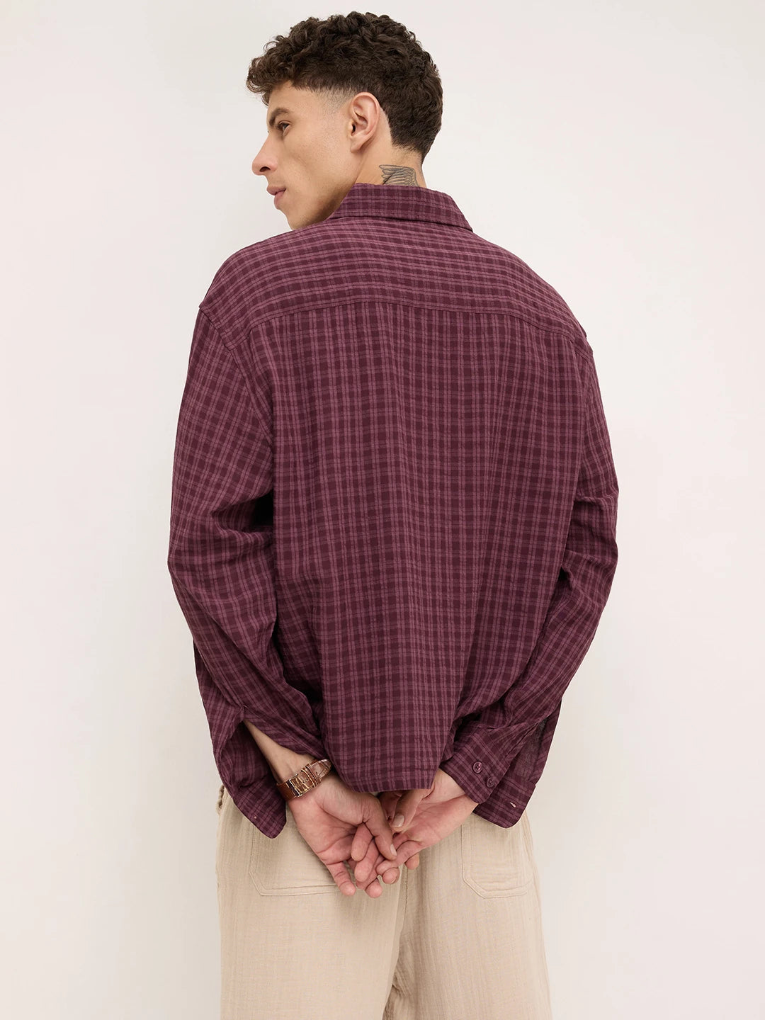 Rich Maroon Windowpane Checks Boxy Fit Crop Shirt