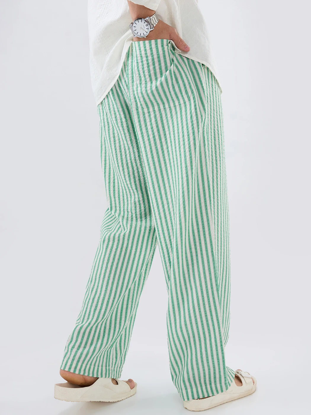 Jade Green Seersucker Candy Striped Straight Fit Trousers