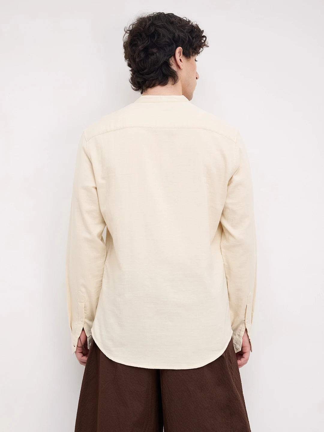 Bisque Beige Herringbone Textured Mandarin Shirt
