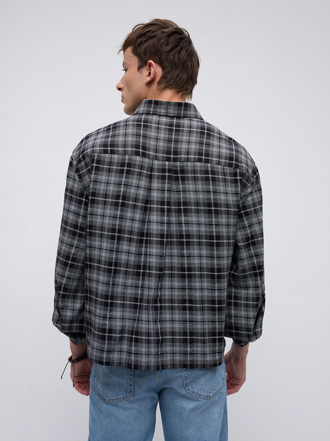 Eclipse Grid Fine Checks Cuffless Oversized Crop Shirt
