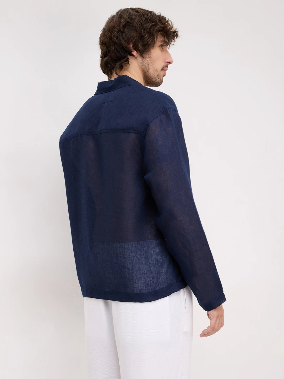 Navy Sheer Textured Notch Collar Oversized Shirt