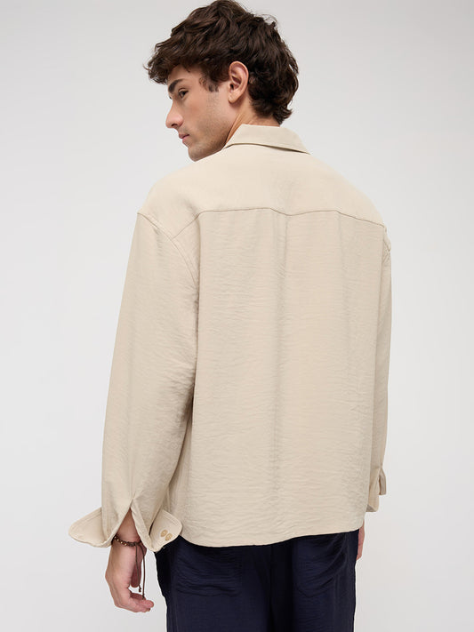 Sand Beige Velour Finish Boxy Fit Crop Shirt