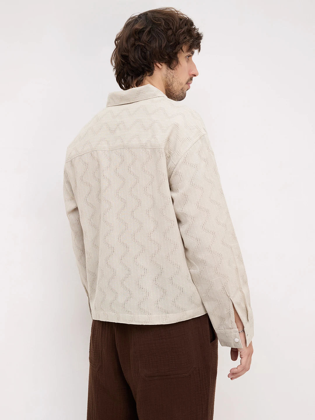 Ash Grey Intricate Crossweave Jacquard Loop Button Oversized Shirt