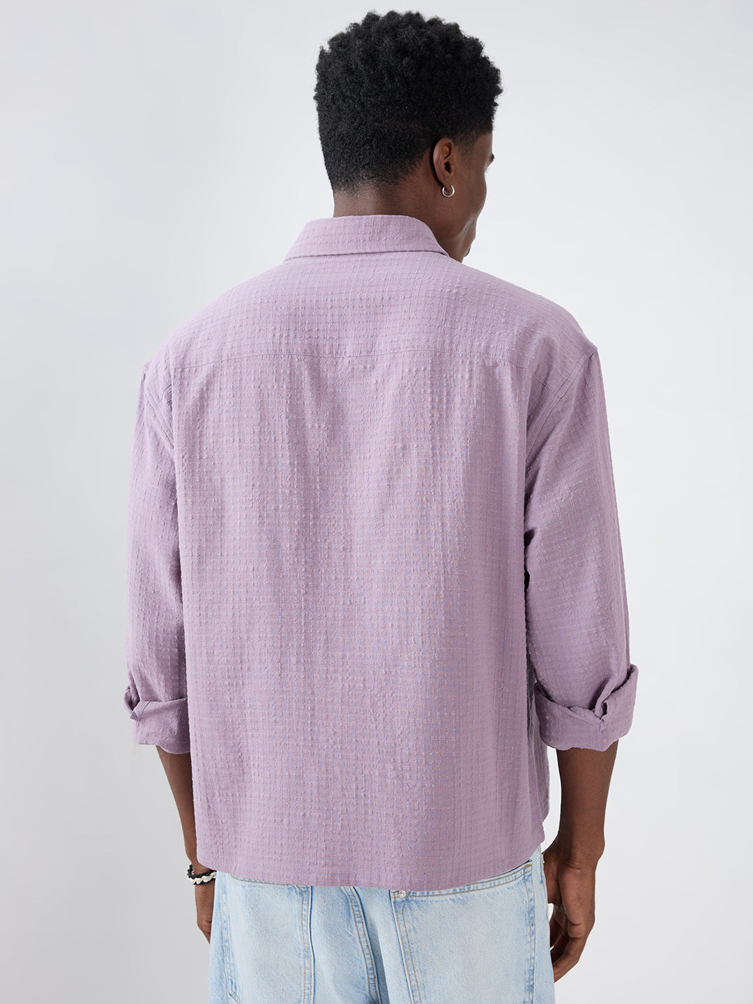 Soft Mauve Micro Grid Jacquard Weave Boxy Fit Crop Shirt