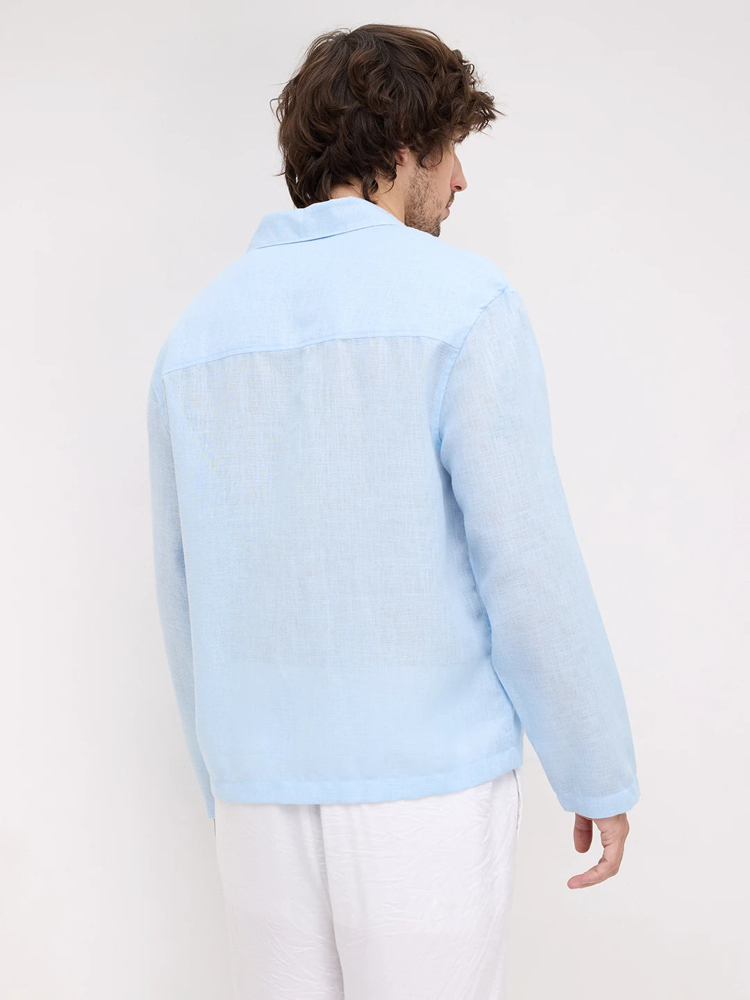 Iceberg Blue Sheer Textured Notch Collar Oversized Vacation Shirt