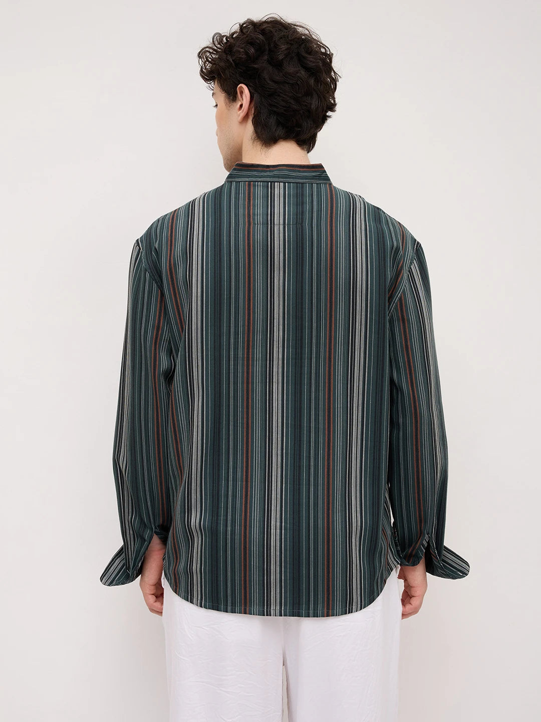 Evergreen Multi-Striped Stand Collar Oversized Shirt
