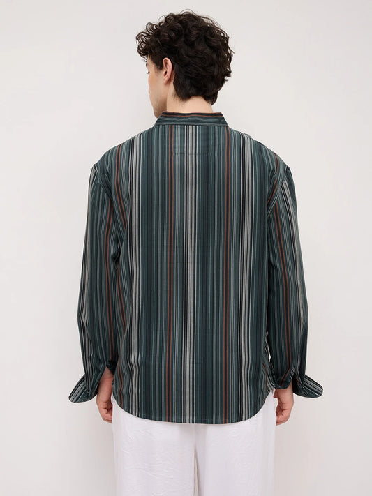 Evergreen Multi-Striped Stand Collar Oversized Shirt