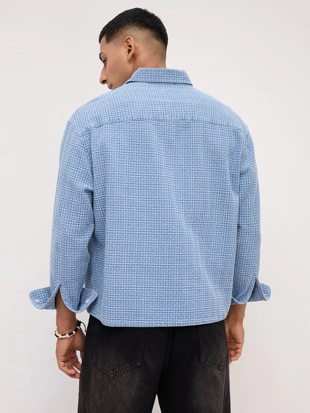 Abstract Denim Crosshatch Woven Boxy Fit Crop Shirt