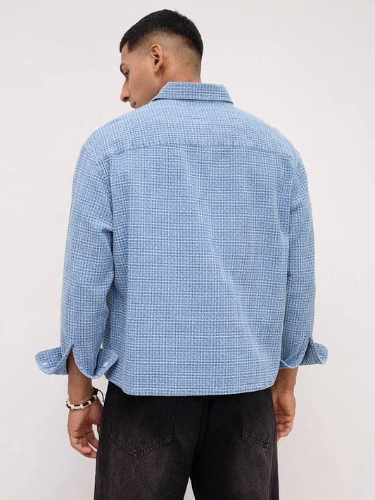 Abstract Denim Crosshatch Woven Boxy Fit Crop Shirt