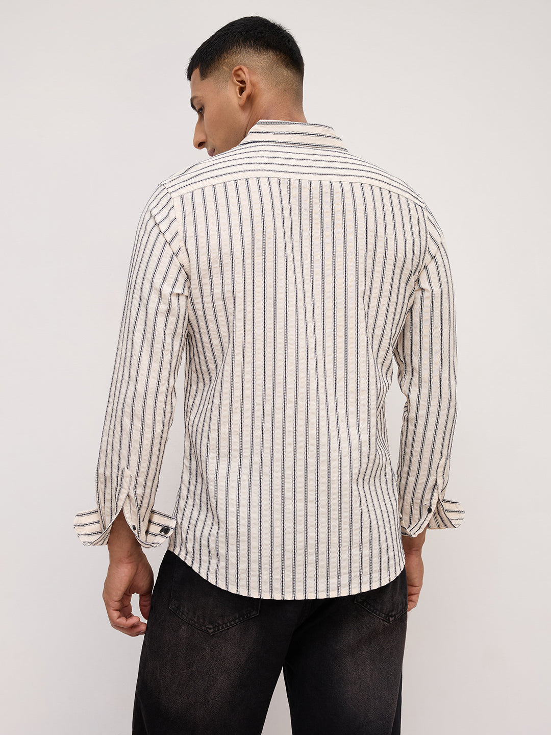 Luxe White & Navy Embroidered Striped Shirt