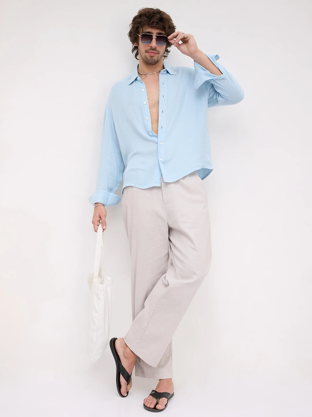 Plush Artic Blue Airloom Double Cloth Boxy Fit Crop Shirt