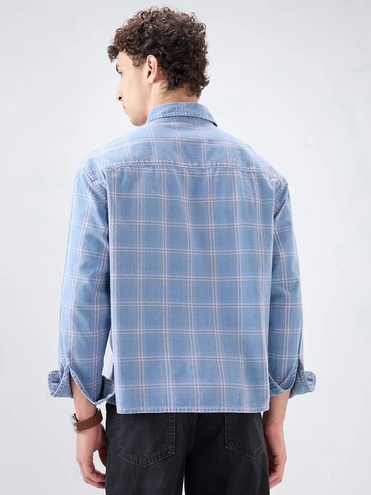 Denim Blue Multi Line Plaid Checks Boxy Fit Shirt