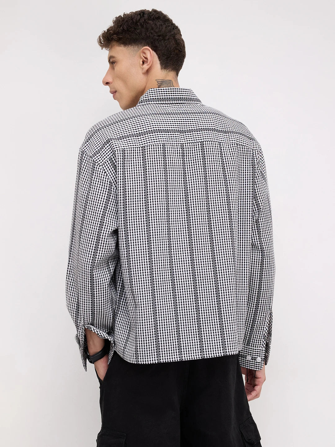 Bold Monochrome Vacation Checks Boxy Fit Crop Shirt