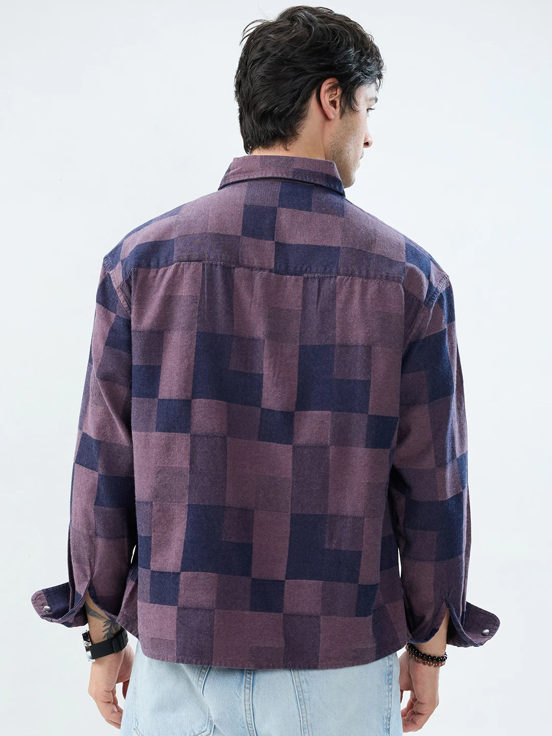 Premium Brown Acid Wash Denim Checks Boxy Fit Crop Shirt