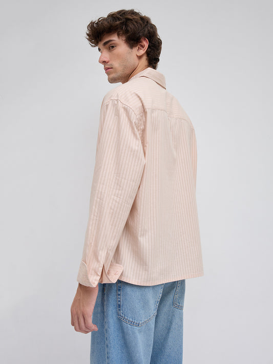 Plush Powder Pink Subtle Striped Boxy Fit Crop Shirt