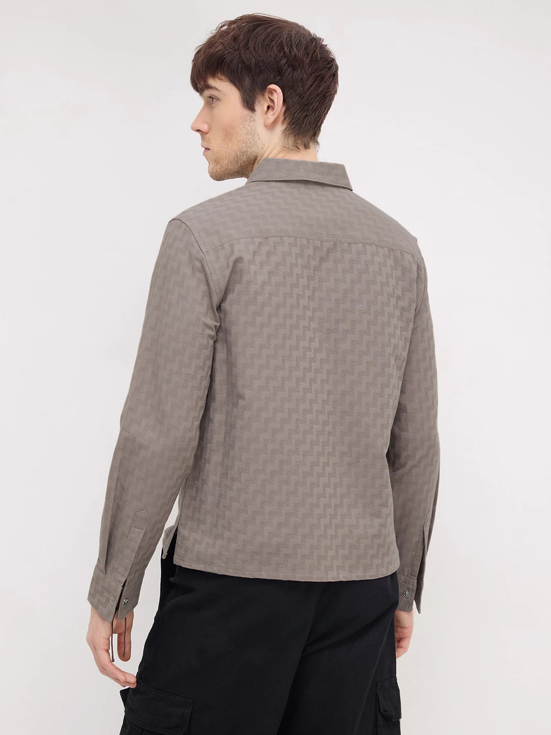 Distinctive Grey Maze Textured Straight Hem Crop Shirt