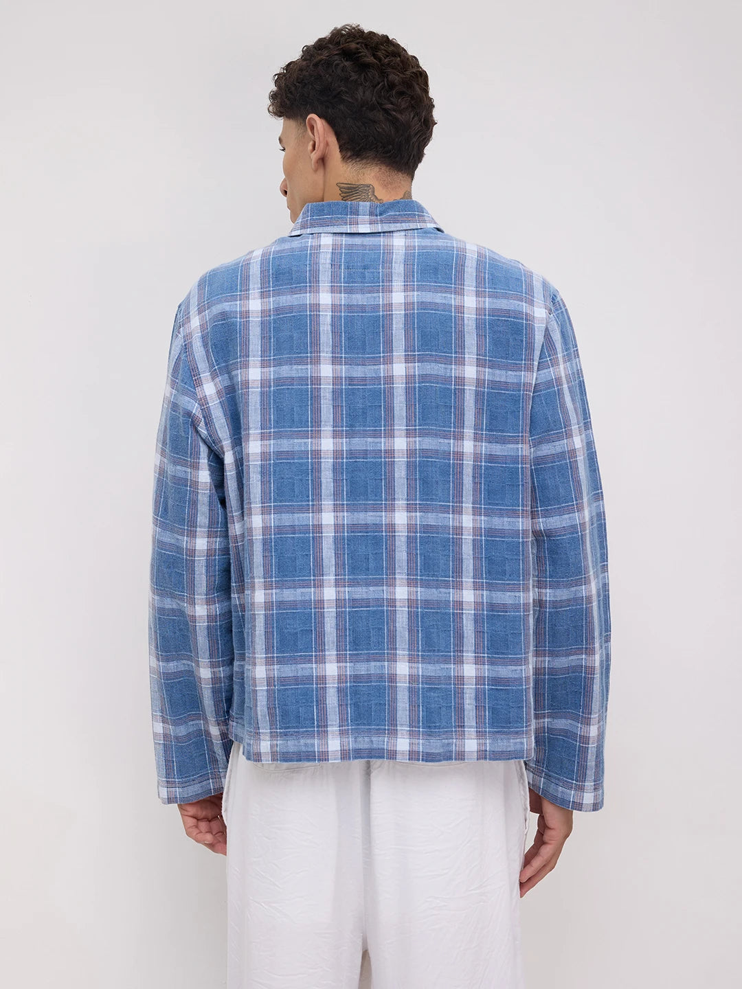 Timeless Denim Plaid Checks Cuffless Oversized Shirt