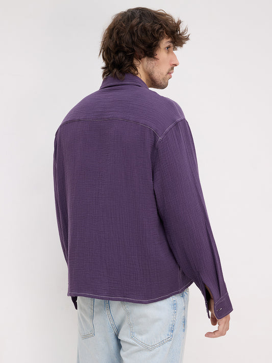Aubergine Purple Contrast Stitch Double Cloth Boxy Fit Crop Shirt