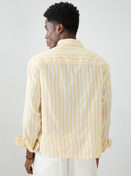 White & Yellow Balanced Striped Boxy Fit Crop Shirt
