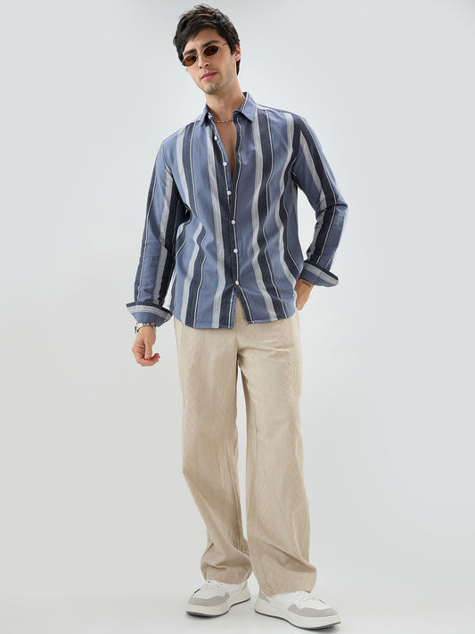 Sand Beige Waffle Textured Straight-Fit Trousers