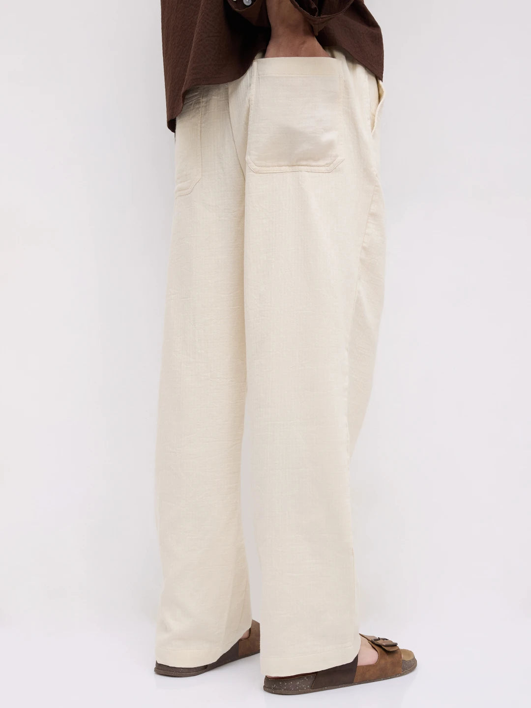 Cream Herringbone Textured Straight Fit Trousers