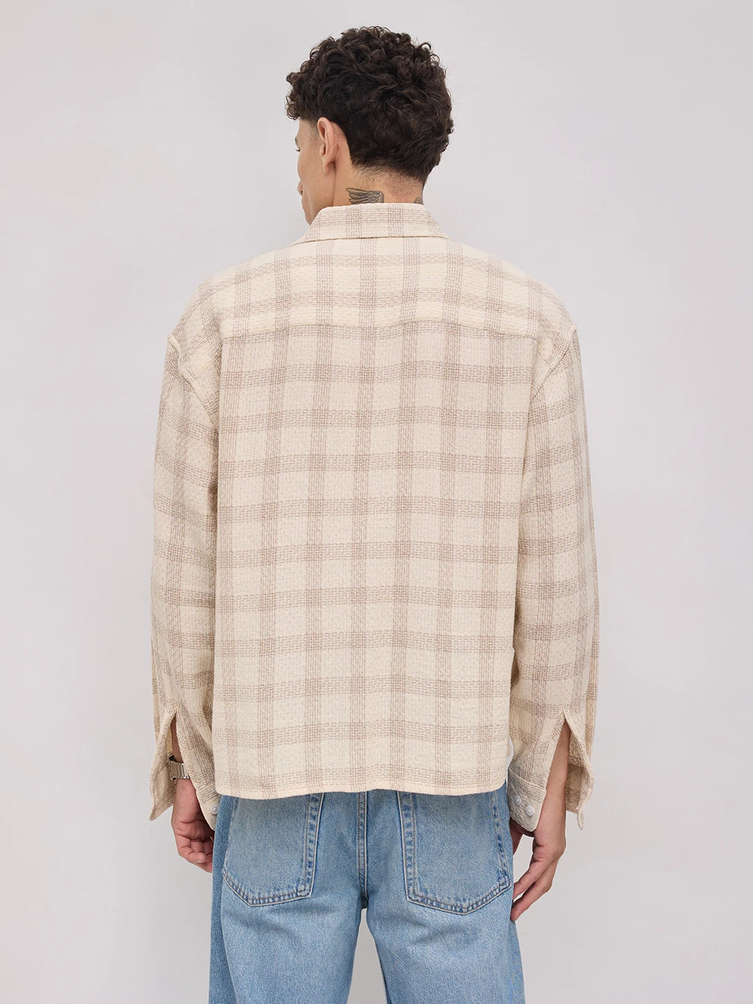 Sand Beige Honeycomb Grid Weave Boxy Fit Crop Shirt