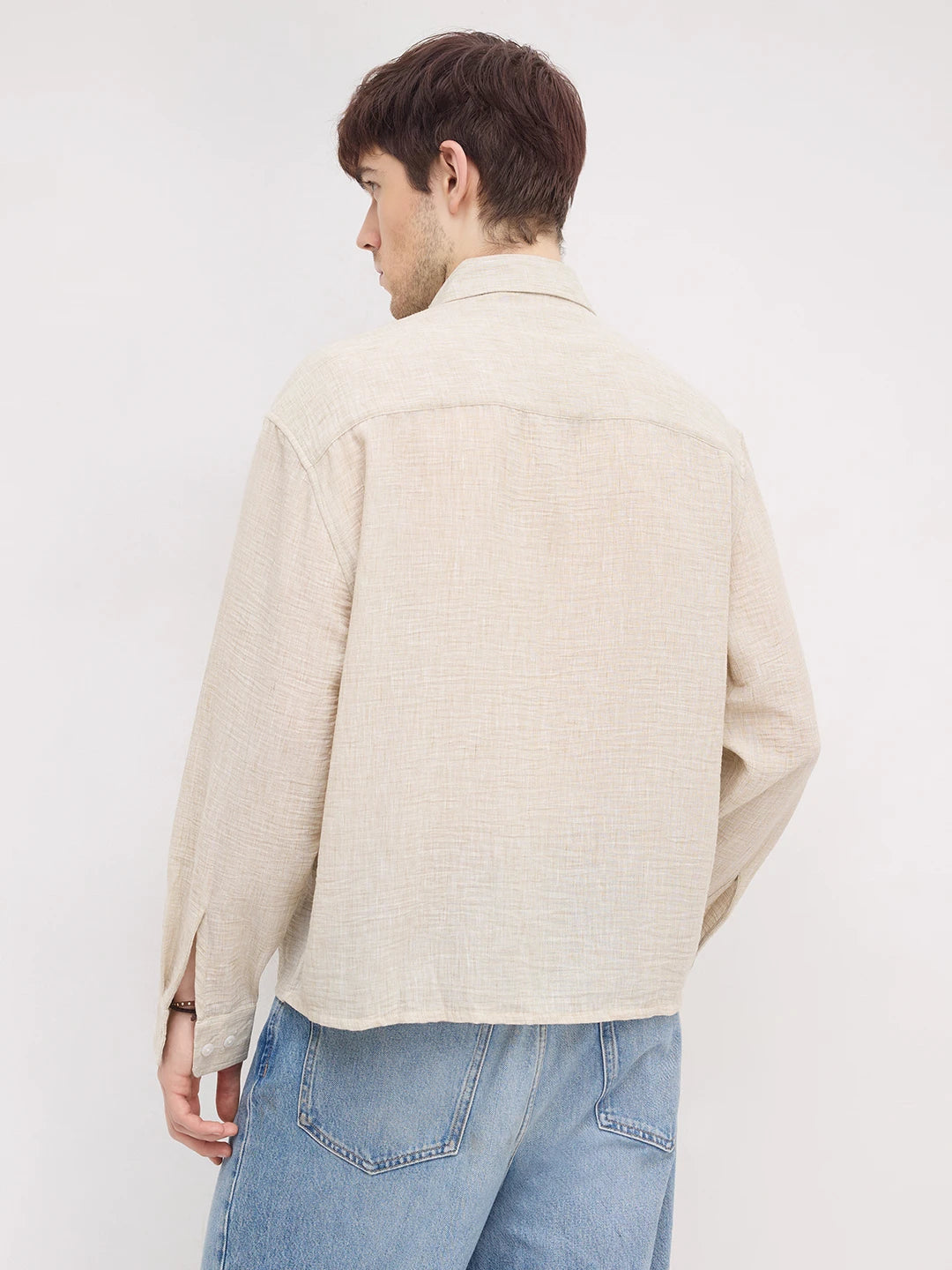 Natural Beige Textured Boxy Fit Crop Shirt