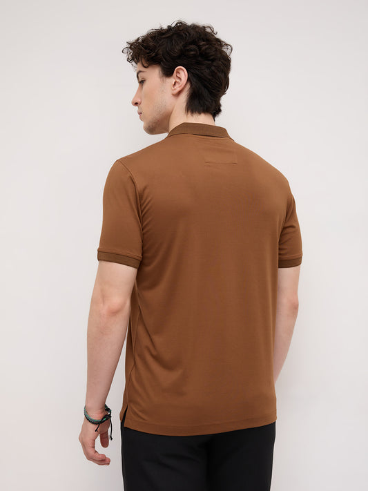 Solid Caramel Brown Honeycomb Polo Knit T-Shirt