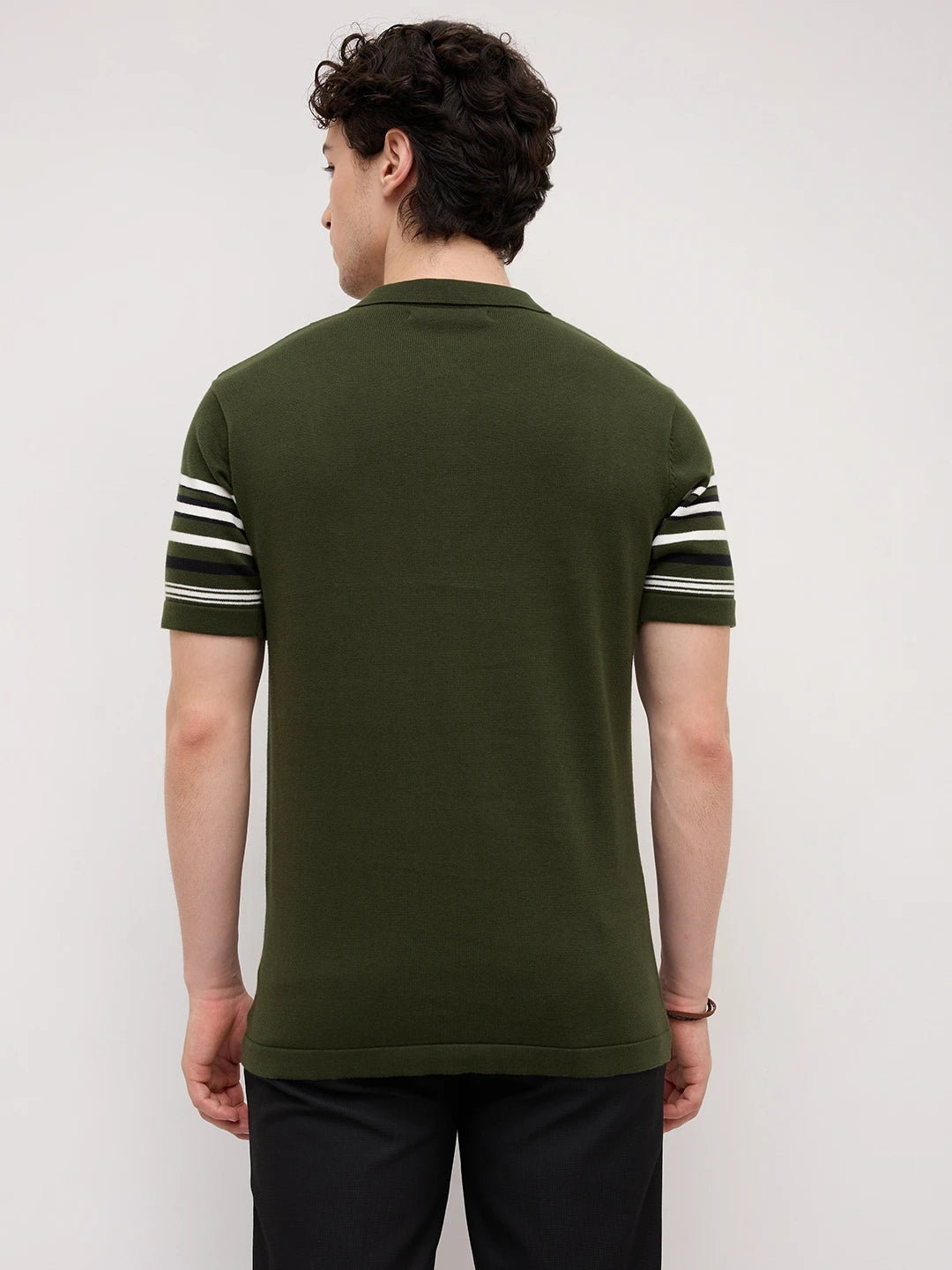 Deep Olive Vertical Striped Flat Knit Zip Polo T-Shirt