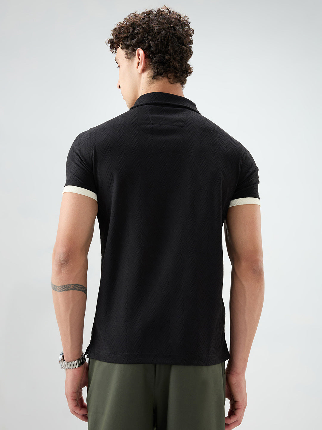 Rich Black Chevron Contrast Polo Neck T-shirt