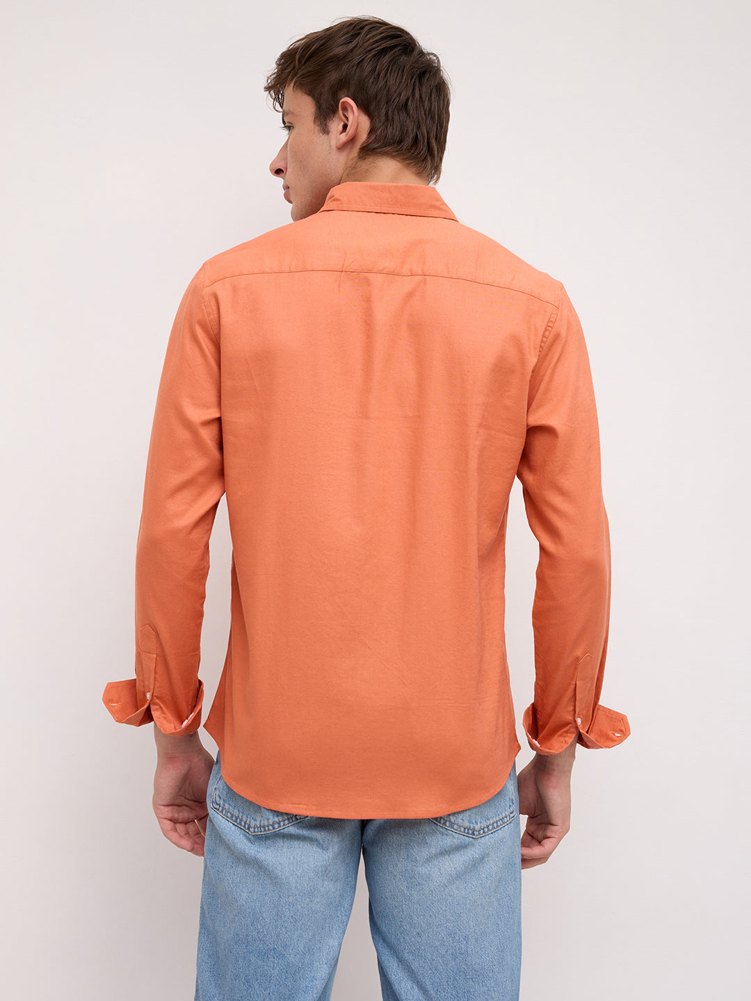 Firey Orange Oxford Linen Blend Button-Down Collar Shirt