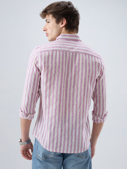Cerise Pink & Ivory Balanced Striped Linen Blend Shirt