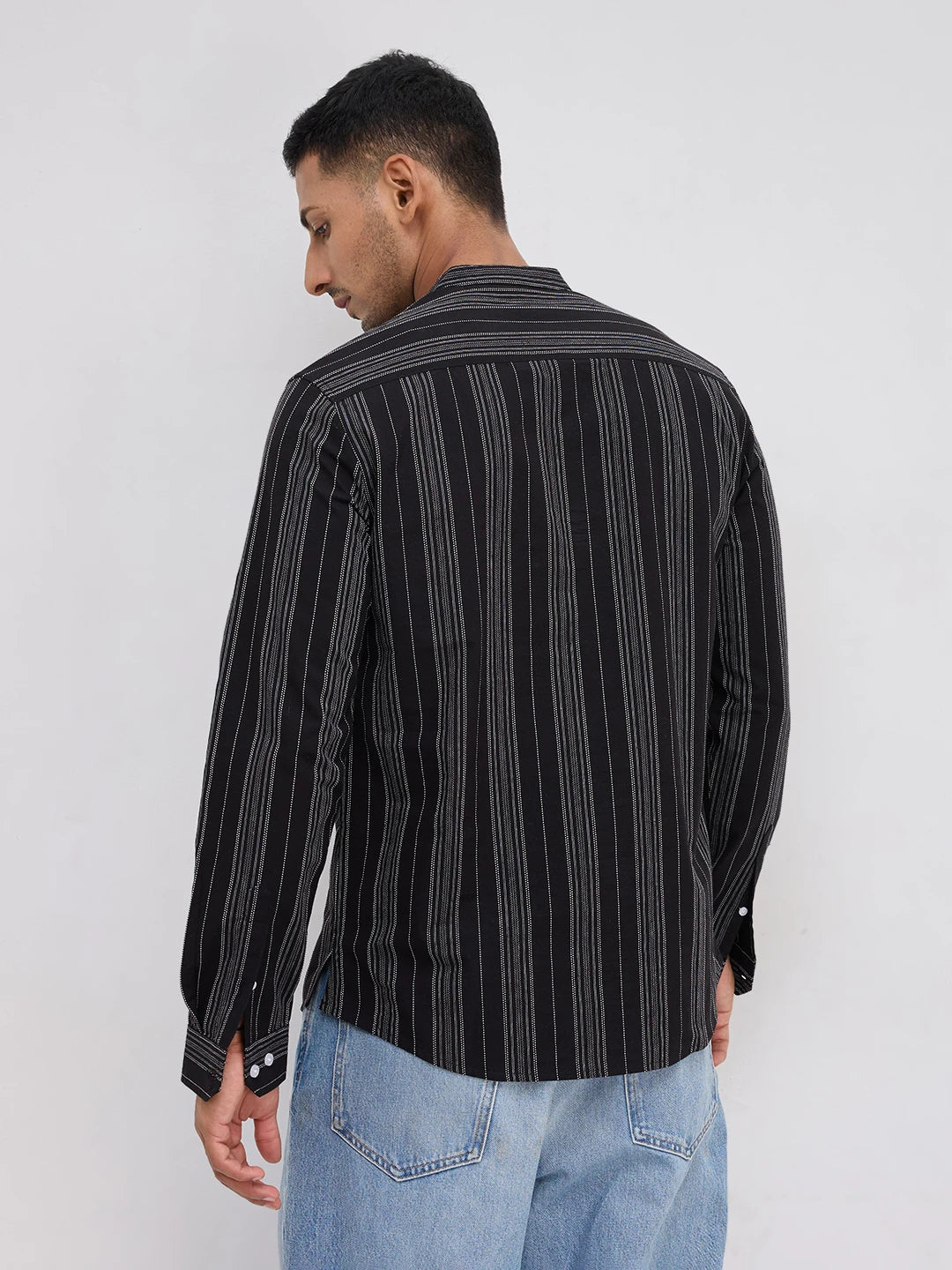 Jet Black Fine Threadwork Striped Kurta