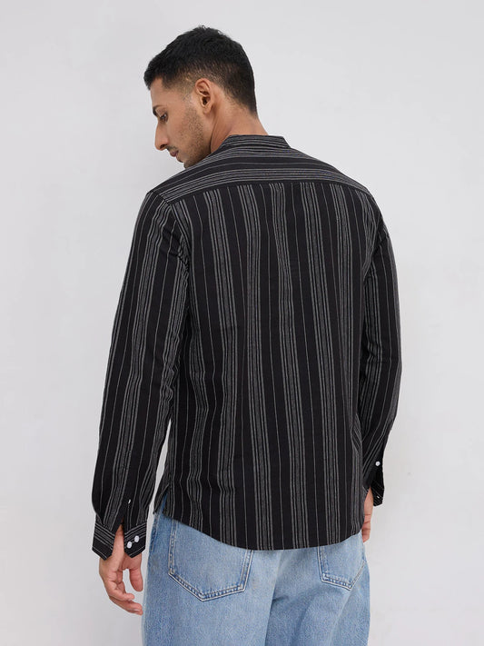 Jet Black Fine Threadwork Striped Kurta