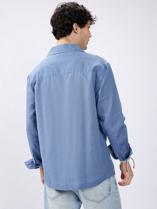 Steel Blue Linen Blend Lapel Collar Oversized Shirt