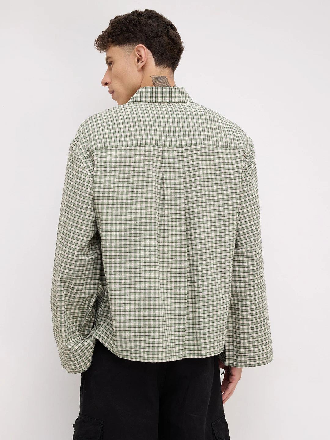 Moss Green & Ivory Cuffless Oversized Crop Shirt