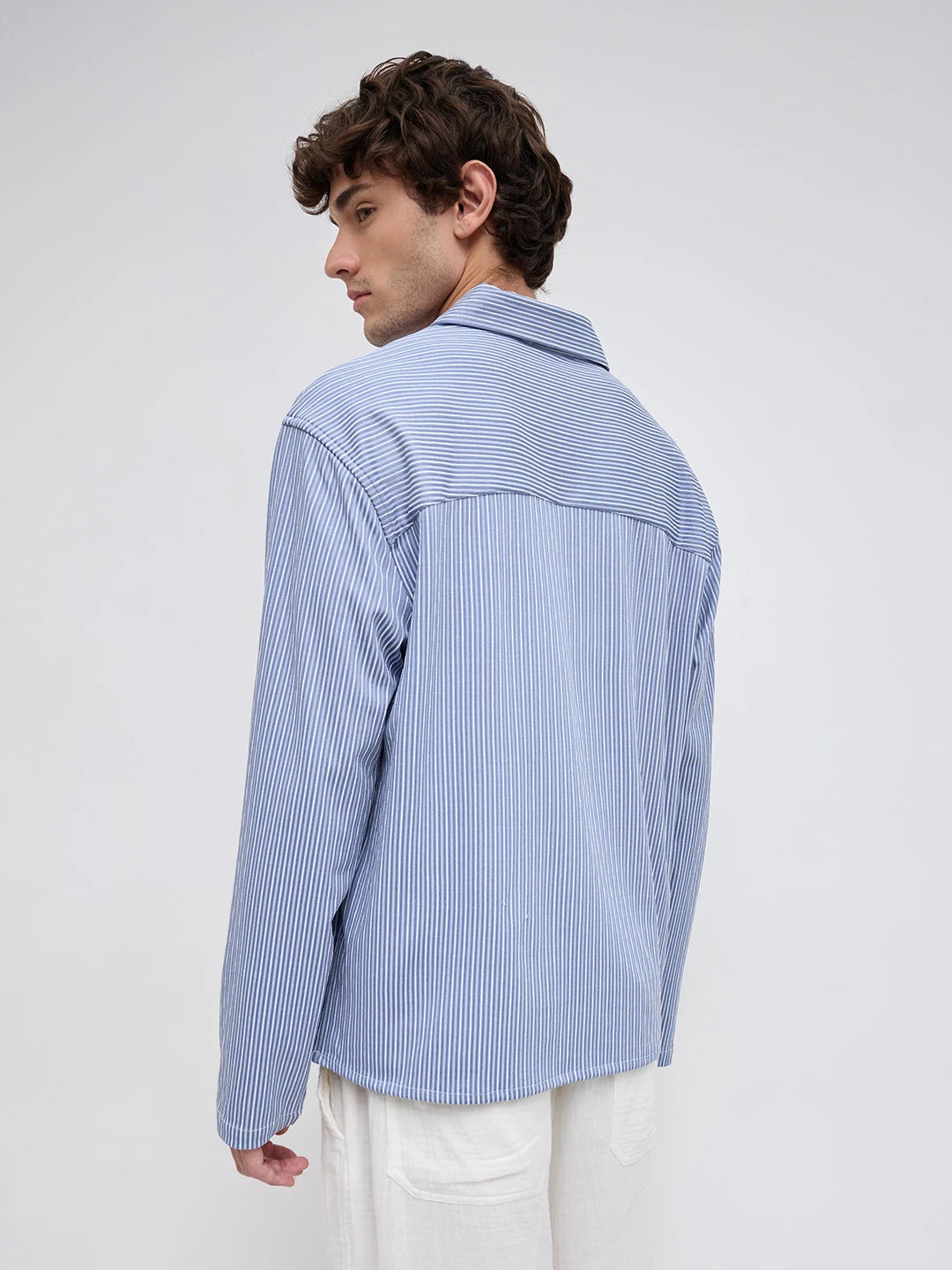 Classic Slate Blue Rib Striped Oversized Polo Shirt