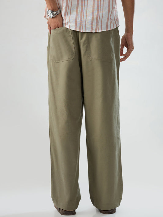 Olive Subtle HerrigboneTextured Straight-Fit Trousers