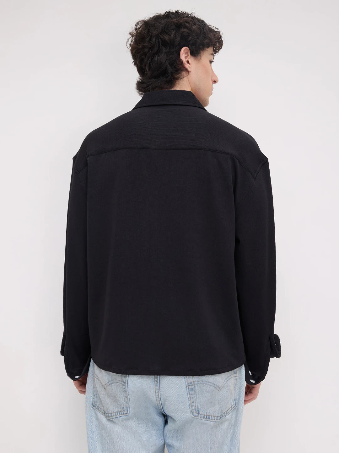 Rich Black Fine Textured Knitted Boxy Fit Crop Shirt
