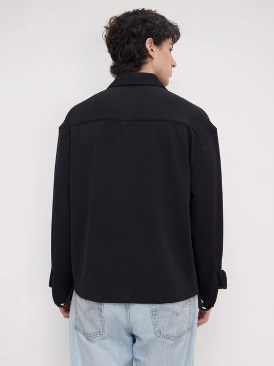 Rich Black Fine Textured Knitted Boxy Fit Crop Shirt