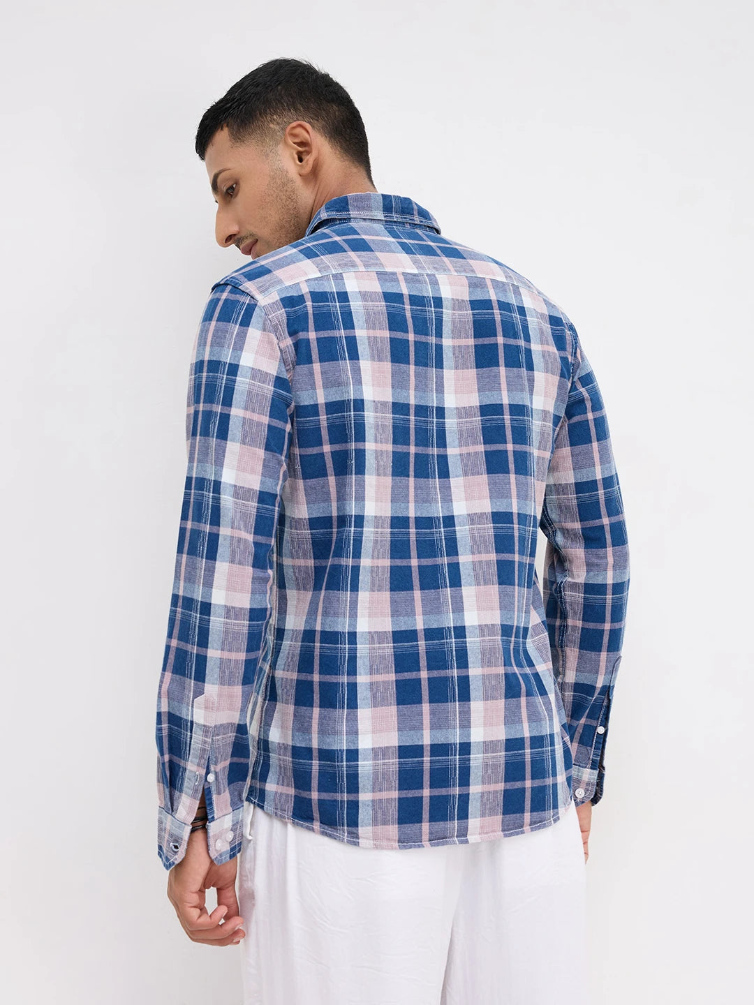 Denim Blue & Peach Multi Line Block Checks Shirt