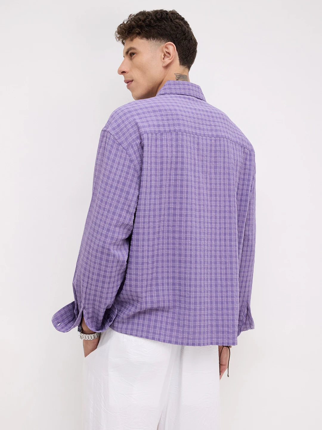 Purple Shadow Checks Boxy Fit Crop Shirt