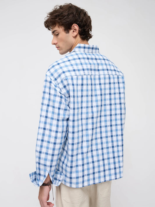 Denim Marine Ivory Interlock Framed Check Boxy Fit Crop Shirt