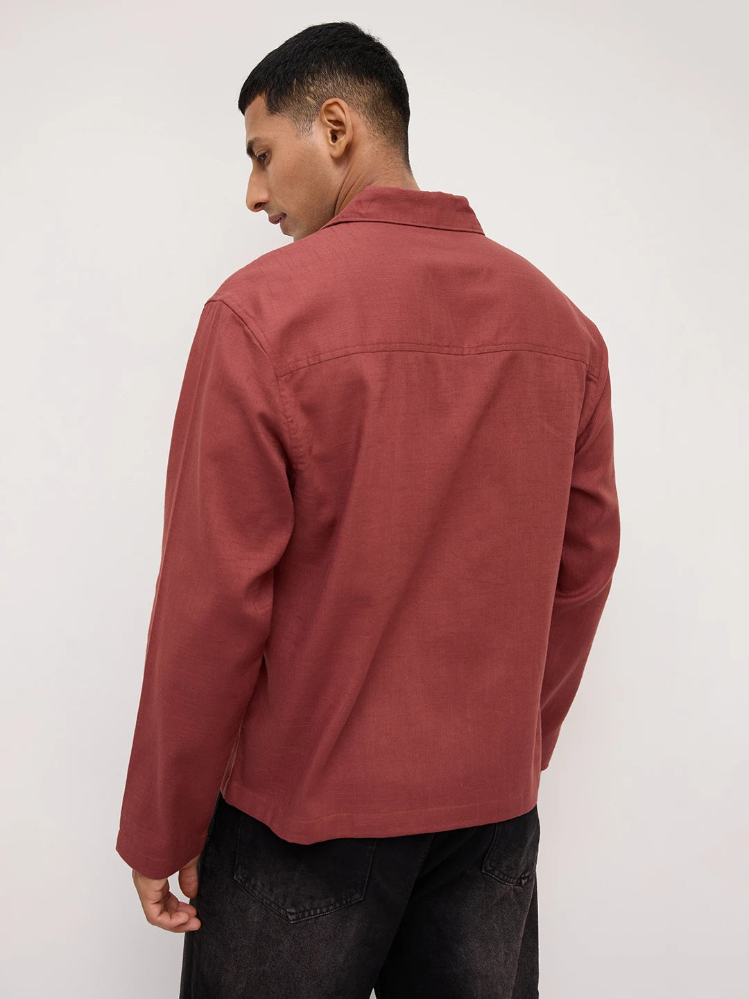 Rust Fine Sheer Slub Textured Oversized Resort Collar Shirt