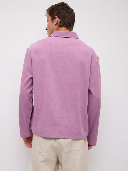 Dusty Rose Pink Slub Textured Center Seam Oversized Polo Shirt