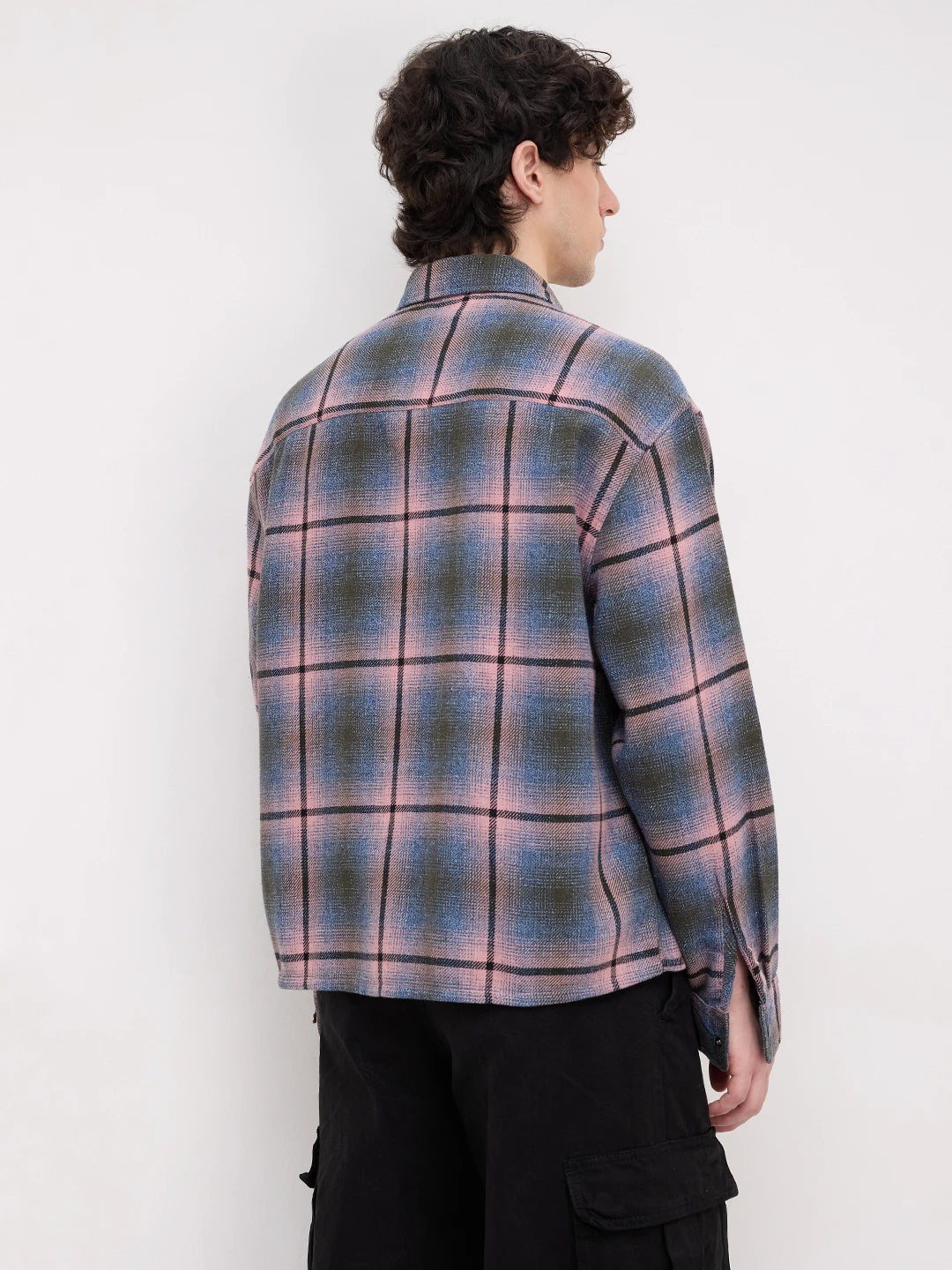Pink & Blue Flannel Plaid Checks Boxy Fit Crop Shirt